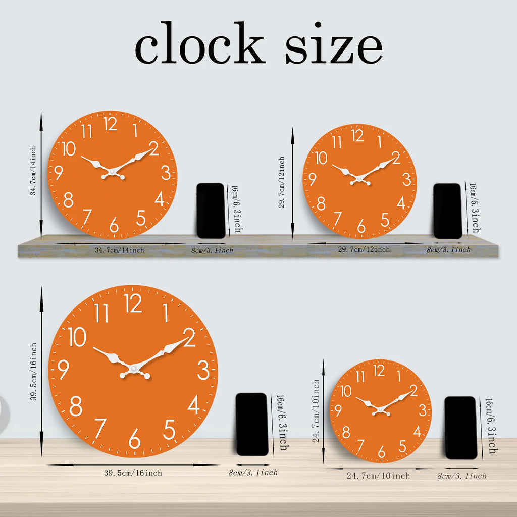 Modern Minimalist Orange Wooden Wall Clock for Living Room, Bedroom, Kitchen, Home Decor, Silent Quartz Clock, Holiday Gift, 10-Inch, 12-Inch 14inch 16inch (Battery Not Included)