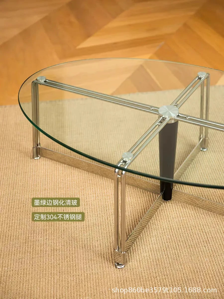 Korean Stainless Steel Oval Simple Glass Coffee Table