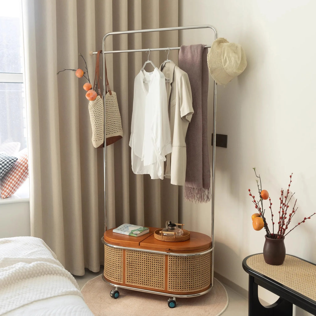 Rolling Oval Rattan Storage Clothes Rack