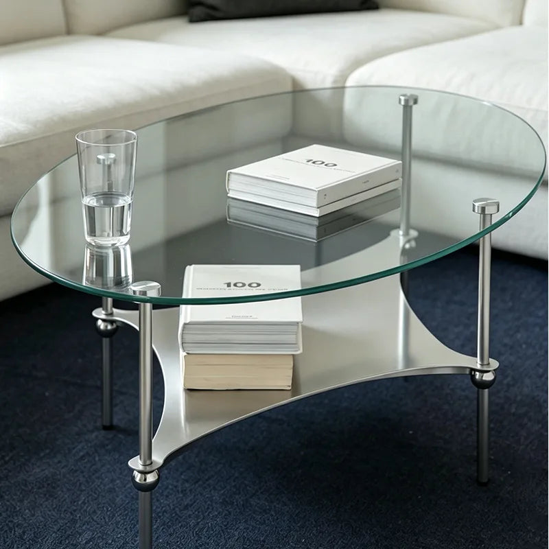 Modern Curved Metal Base Glass Coffee Table