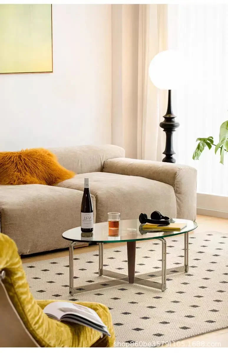 Korean Stainless Steel Oval Simple Glass Coffee Table