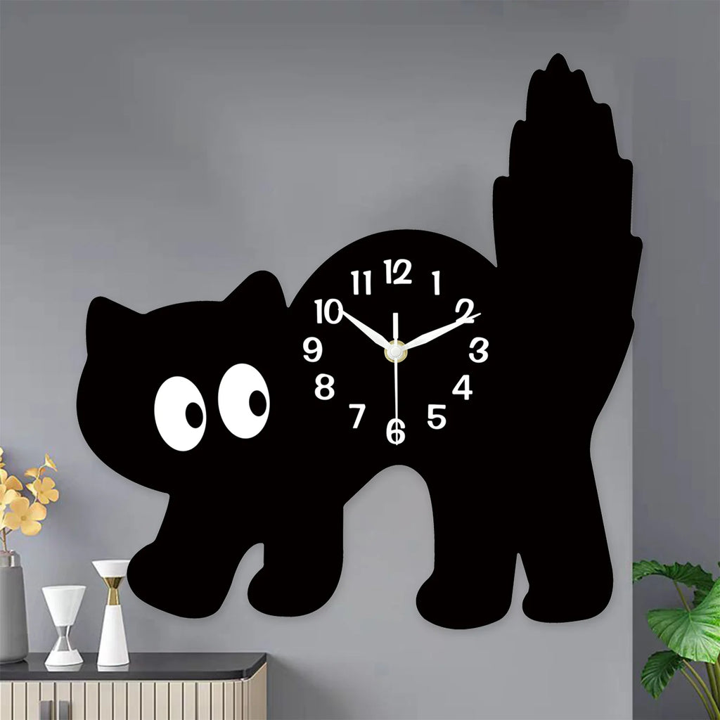A Fun and Cute Little Black Cat Crystal Porcelain Wooden Wall Clock for Living Room, Bedroom, Kitchen, Home Decoration, Silent Quartz Clock, Holiday Gift 12inch 14inch (No Battery)