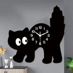 A Fun and Cute Little Black Cat Crystal Porcelain Wooden Wall Clock for Living Room, Bedroom, Kitchen, Home Decoration, Silent Quartz Clock, Holiday Gift 12inch 14inch (No Battery)