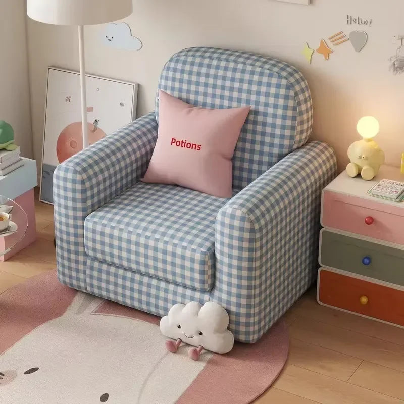 Blue White Checkered Fabric Single Sofa
