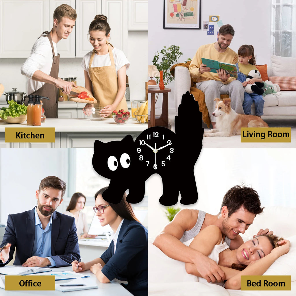 A Fun and Cute Little Black Cat Crystal Porcelain Wooden Wall Clock for Living Room, Bedroom, Kitchen, Home Decoration, Silent Quartz Clock, Holiday Gift 12inch 14inch (No Battery)