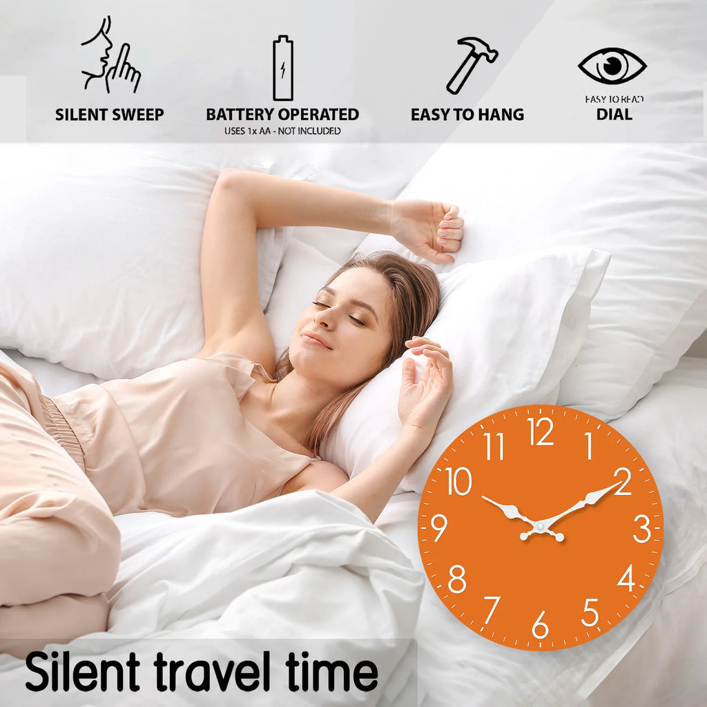Modern Minimalist Orange Wooden Wall Clock for Living Room, Bedroom, Kitchen, Home Decor, Silent Quartz Clock, Holiday Gift, 10-Inch, 12-Inch 14inch 16inch (Battery Not Included)