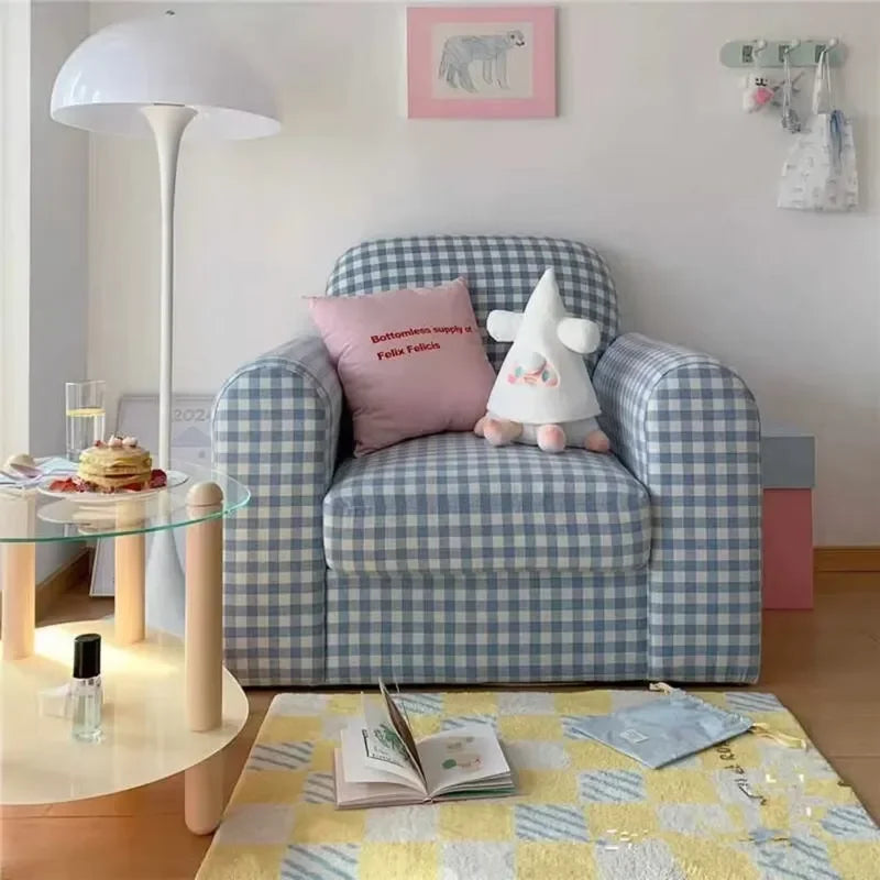 Blue White Checkered Fabric Single Sofa