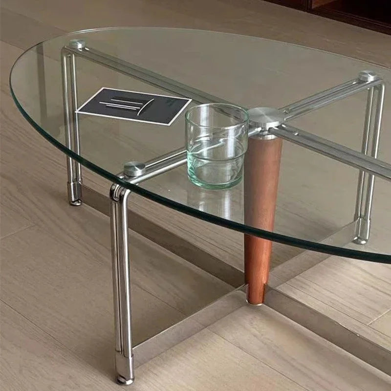 Korean Stainless Steel Oval Simple Glass Coffee Table