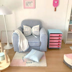 Blue White Checkered Fabric Single Sofa