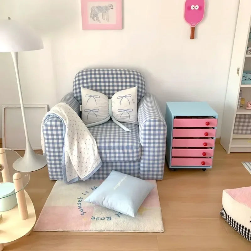 Blue White Checkered Fabric Single Sofa