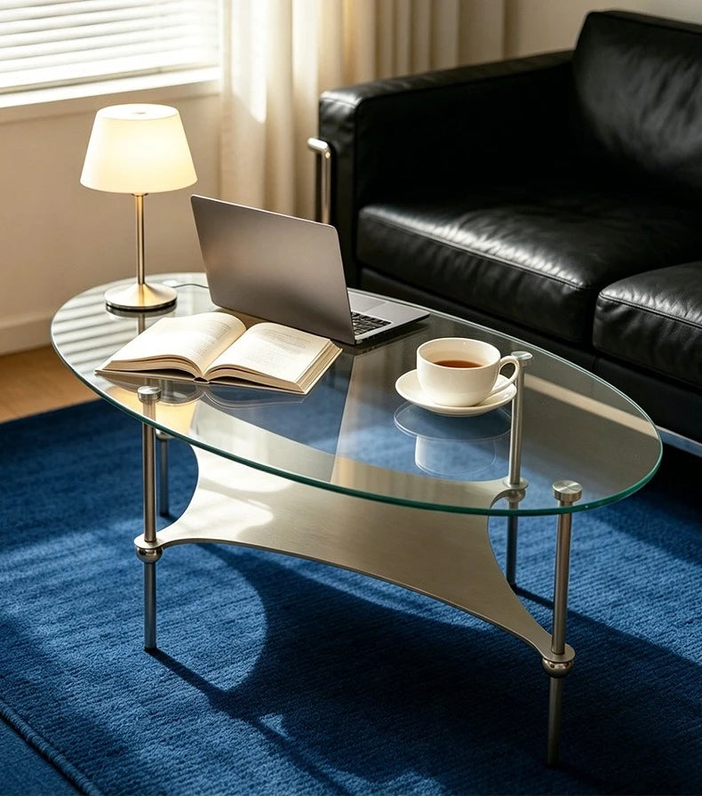 Modern Curved Metal Base Glass Coffee Table