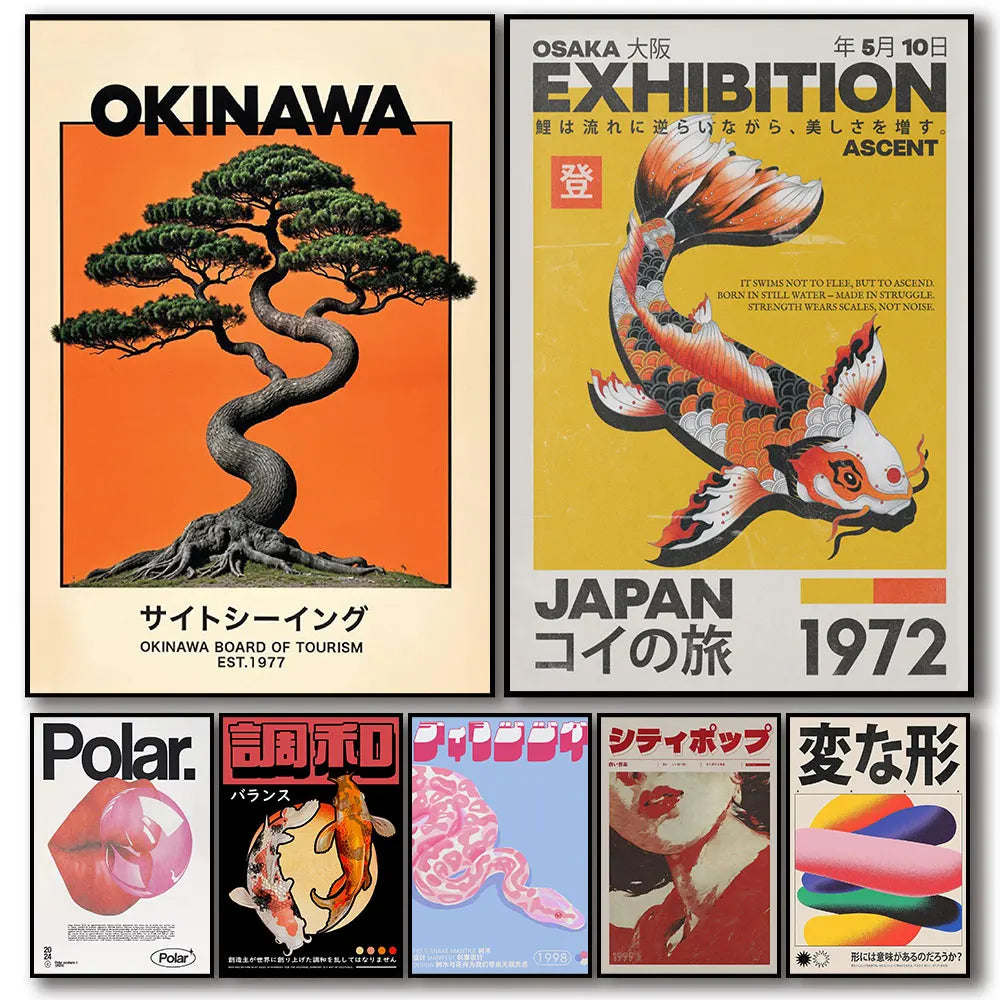 Japanese Koi Fish Flowers Trees Pink Aesthetic Snake Poster (No Frame)
