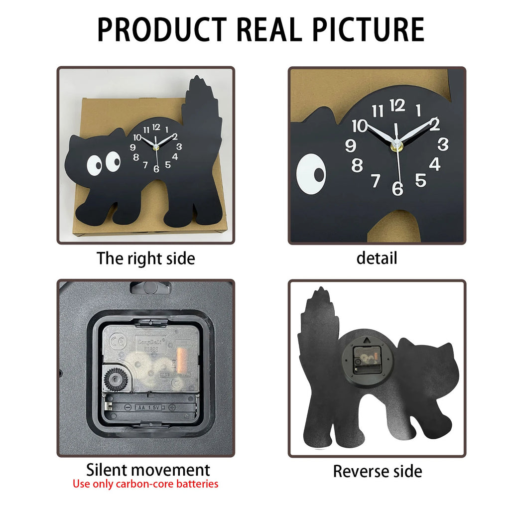 A Fun and Cute Little Black Cat Crystal Porcelain Wooden Wall Clock for Living Room, Bedroom, Kitchen, Home Decoration, Silent Quartz Clock, Holiday Gift 12inch 14inch (No Battery)