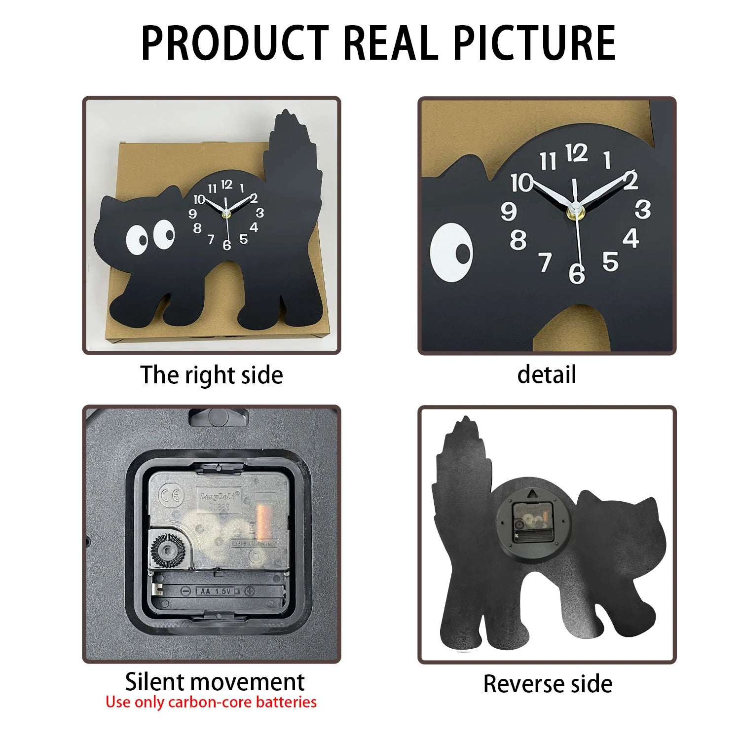 A Fun and Cute Little Black Cat Crystal Porcelain Wooden Wall Clock for Living Room, Bedroom, Kitchen, Home Decoration, Silent Quartz Clock, Holiday Gift 12inch 14inch (No Battery)