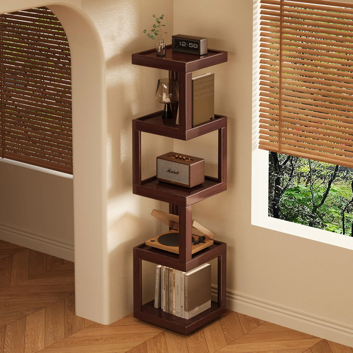 Modern Wooden Geometric Corner Plant & Book Stand