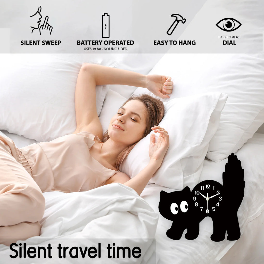 A Fun and Cute Little Black Cat Crystal Porcelain Wooden Wall Clock for Living Room, Bedroom, Kitchen, Home Decoration, Silent Quartz Clock, Holiday Gift 12inch 14inch (No Battery)