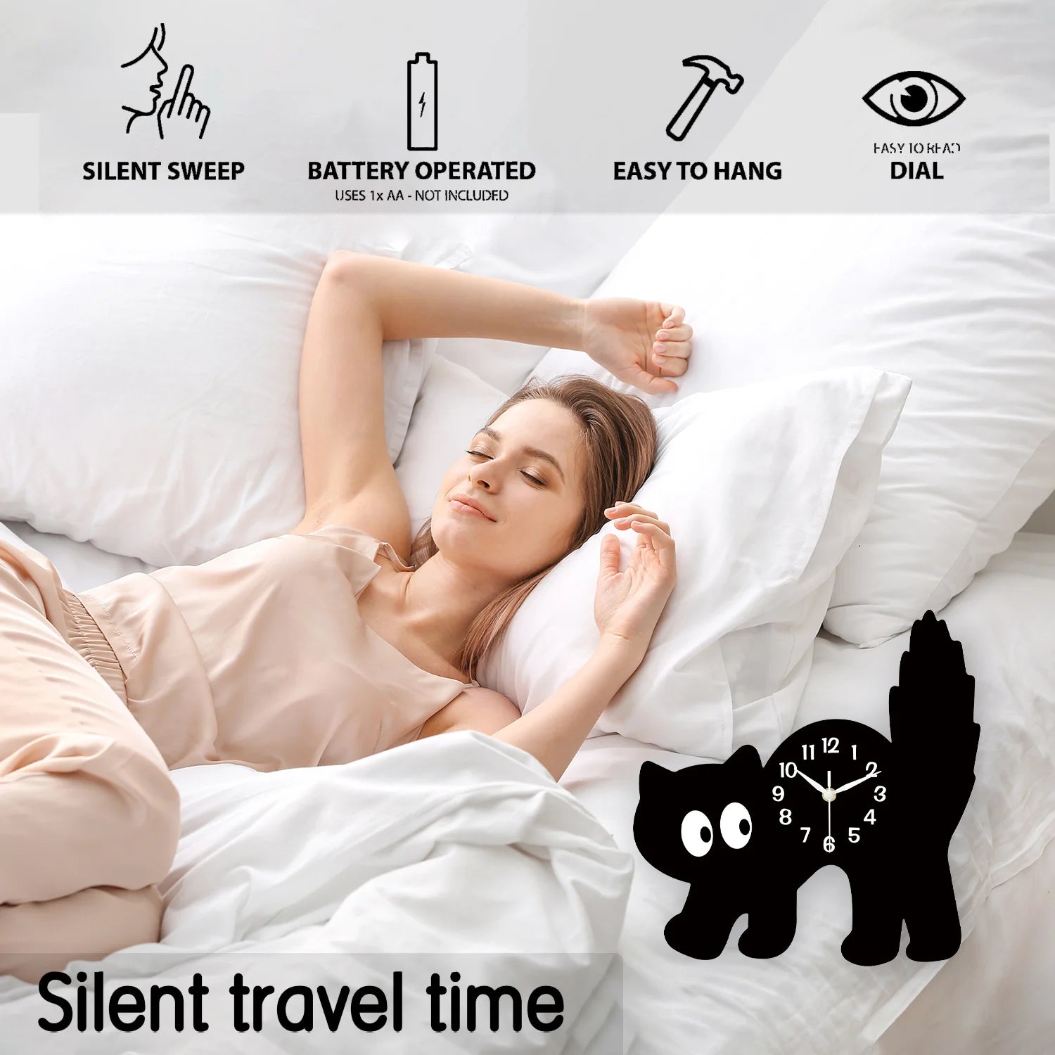 A Fun and Cute Little Black Cat Crystal Porcelain Wooden Wall Clock for Living Room, Bedroom, Kitchen, Home Decoration, Silent Quartz Clock, Holiday Gift 12inch 14inch (No Battery)