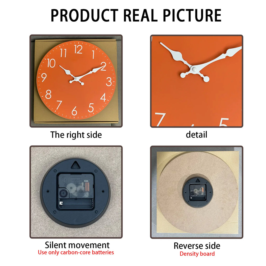 Modern Minimalist Orange Wooden Wall Clock for Living Room, Bedroom, Kitchen, Home Decor, Silent Quartz Clock, Holiday Gift, 10-Inch, 12-Inch 14inch 16inch (Battery Not Included)