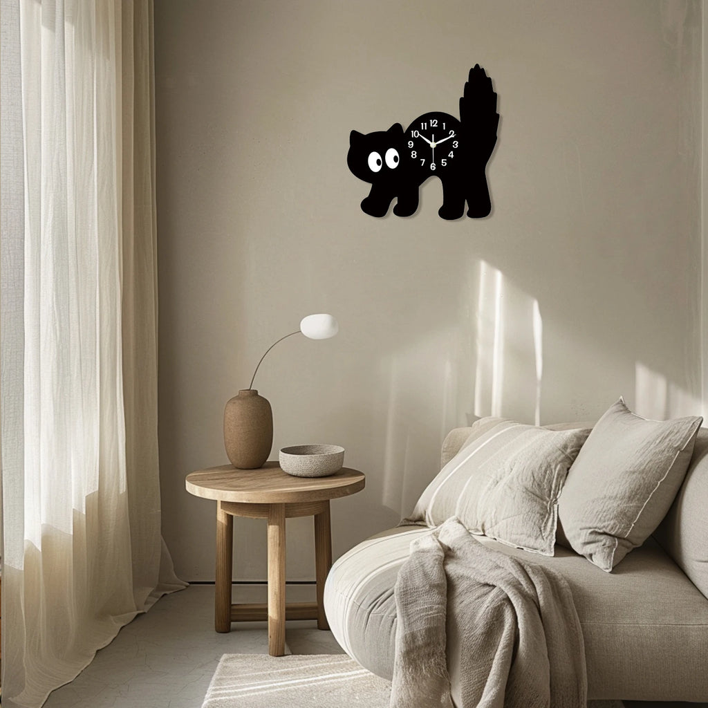 A Fun and Cute Little Black Cat Crystal Porcelain Wooden Wall Clock for Living Room, Bedroom, Kitchen, Home Decoration, Silent Quartz Clock, Holiday Gift 12inch 14inch (No Battery)