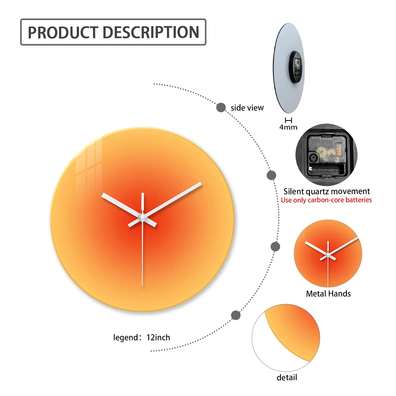 A Creative Gradient Solid Color Tempered Glass Wall Clock, Silent Non-Ticking Timekeeping Wall Clock - Battery-Powered Durable Clock (Battery Not Included), Valentine's Day Gift, Suitable for Bedroom, Living Room, Kitchen, Ha