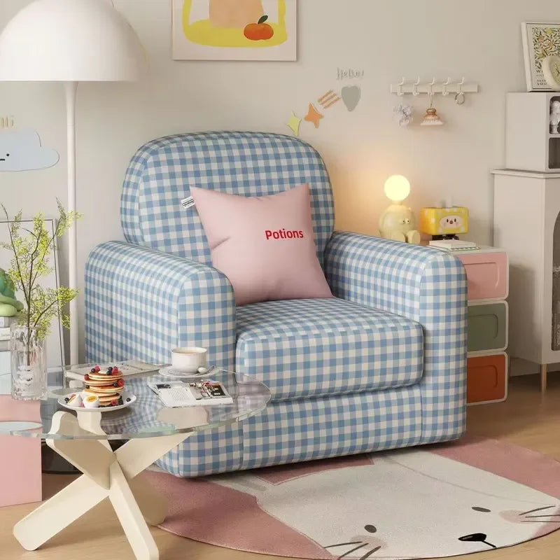 Blue White Checkered Fabric Single Sofa