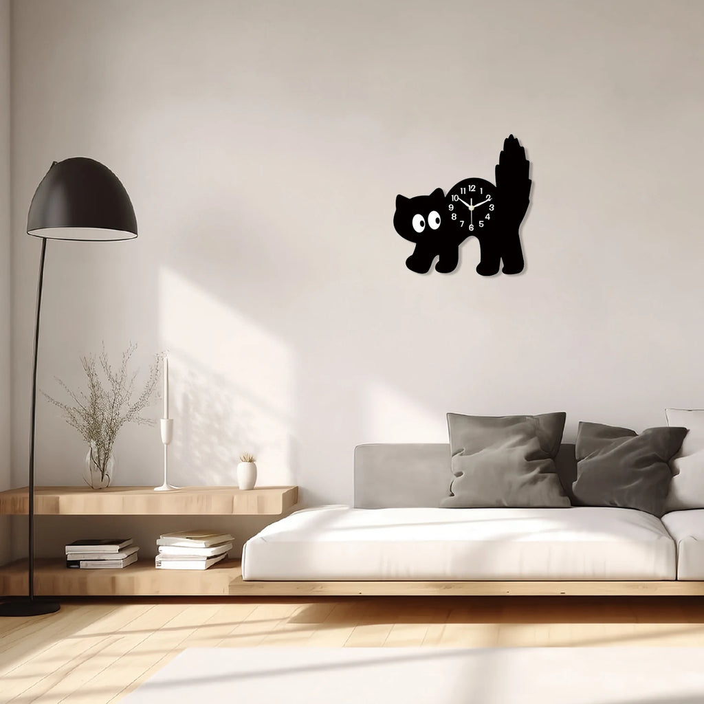 A Fun and Cute Little Black Cat Crystal Porcelain Wooden Wall Clock for Living Room, Bedroom, Kitchen, Home Decoration, Silent Quartz Clock, Holiday Gift 12inch 14inch (No Battery)
