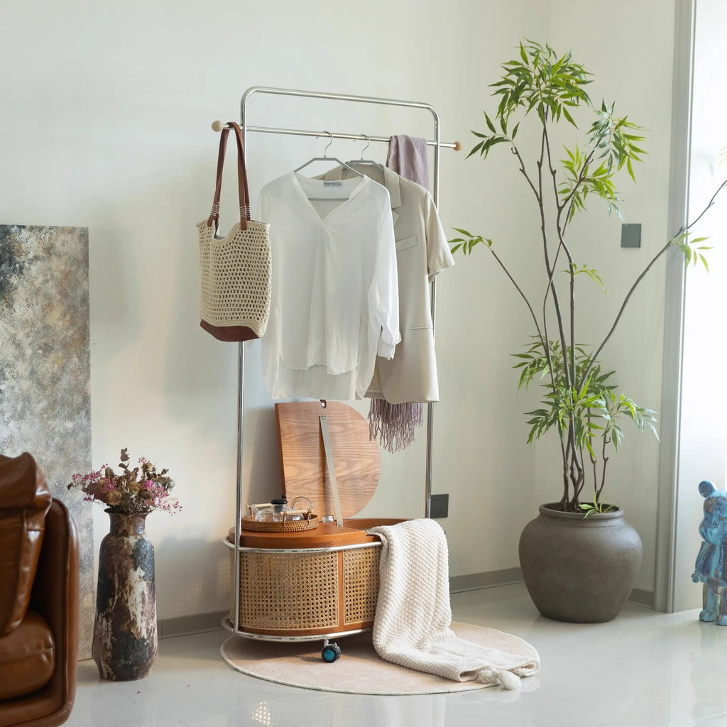 Rolling Oval Rattan Storage Clothes Rack