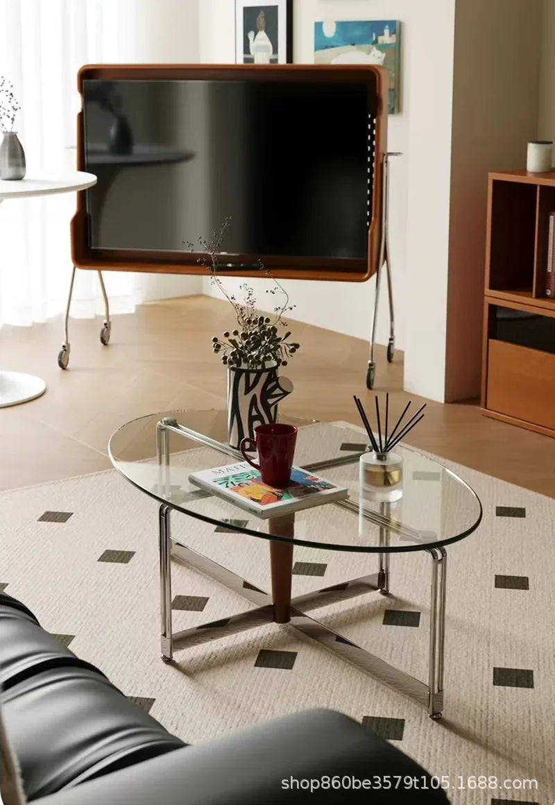 Korean Stainless Steel Oval Simple Glass Coffee Table