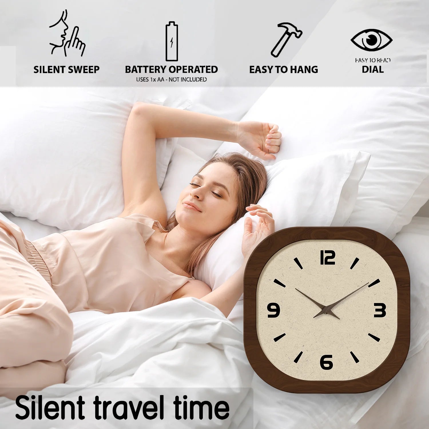 French-Style Retro Cream Crystal Porcelain Square-Shaped Simple Pattern Wooden Wall Clock for Living Room, Bedroom, Kitchen, Home Decoration, Silent Quartz Clock, Holiday Gift, 12 Inches, 14 Inches 16inch (Battery Not Include