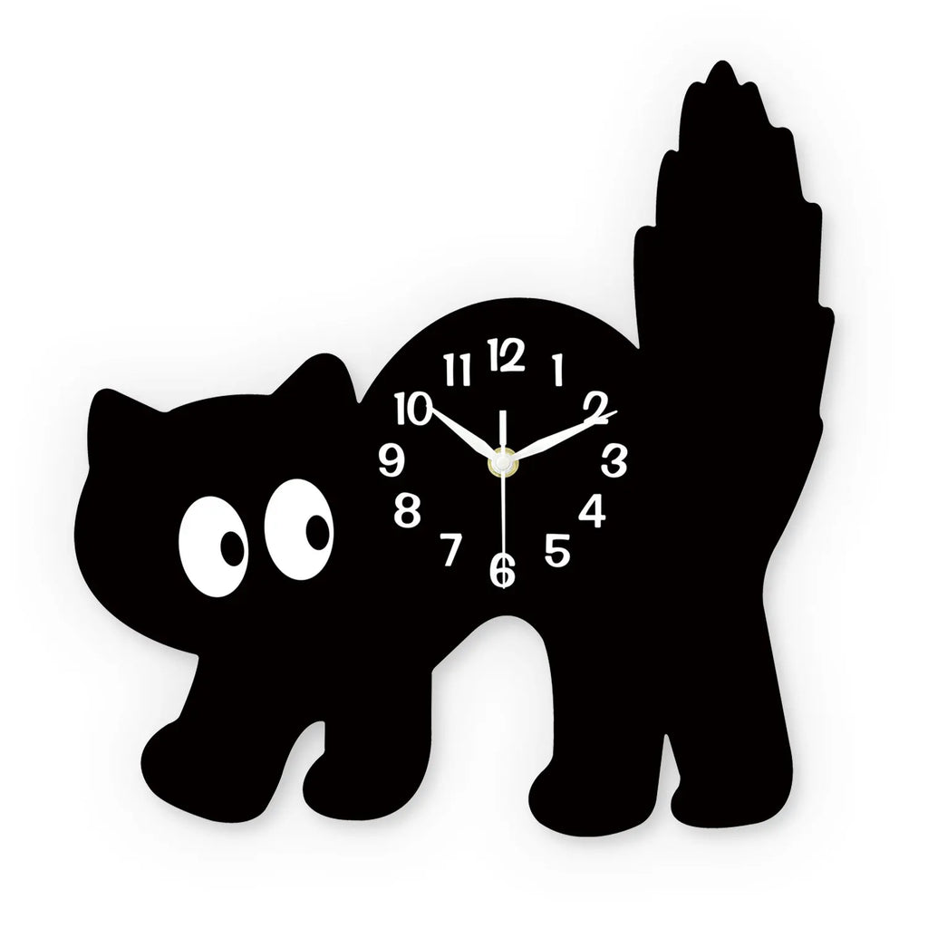 A Fun and Cute Little Black Cat Crystal Porcelain Wooden Wall Clock for Living Room, Bedroom, Kitchen, Home Decoration, Silent Quartz Clock, Holiday Gift 12inch 14inch (No Battery)