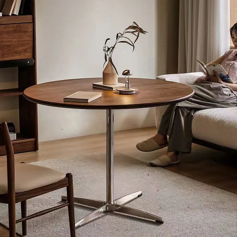 Mid-Century Round Wood Chrome Pedestal Table