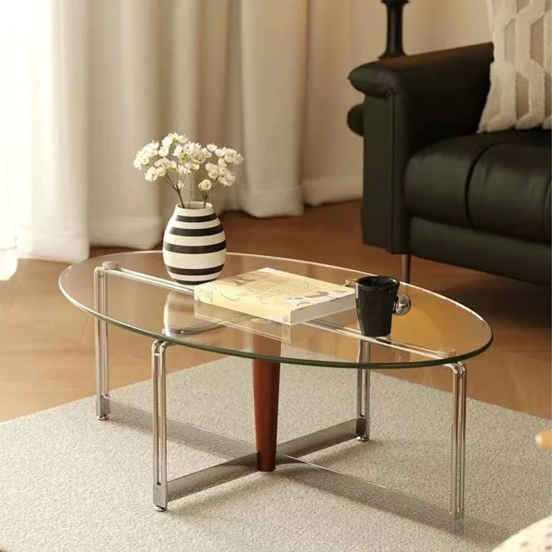 Korean Stainless Steel Oval Simple Glass Coffee Table