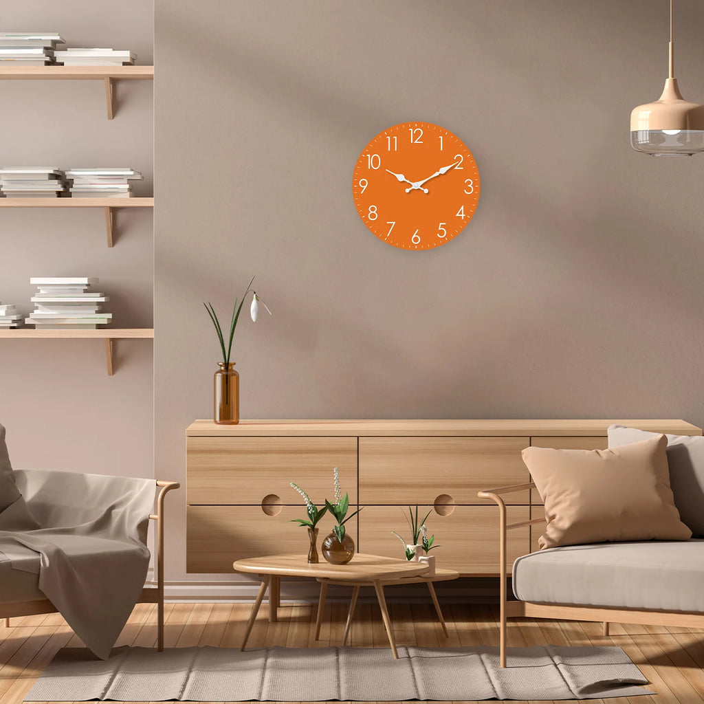 Modern Minimalist Orange Wooden Wall Clock for Living Room, Bedroom, Kitchen, Home Decor, Silent Quartz Clock, Holiday Gift, 10-Inch, 12-Inch 14inch 16inch (Battery Not Included)