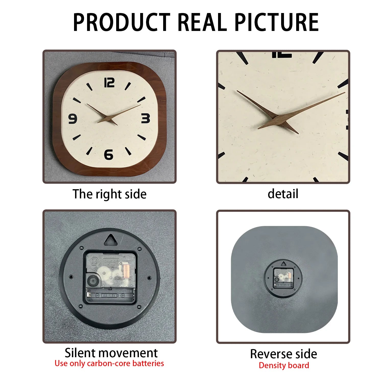 French-Style Retro Cream Crystal Porcelain Square-Shaped Simple Pattern Wooden Wall Clock for Living Room, Bedroom, Kitchen, Home Decoration, Silent Quartz Clock, Holiday Gift, 12 Inches, 14 Inches 16inch (Battery Not Include