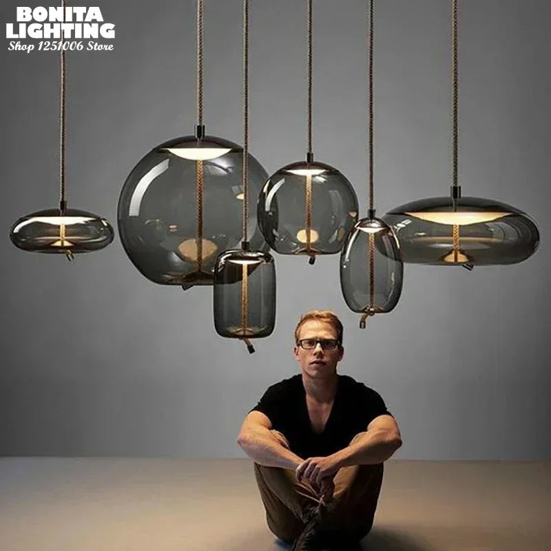 Thick Hemp Rope Glass Hanging Lamps