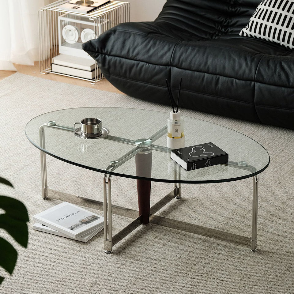 Korean Stainless Steel Oval Simple Glass Coffee Table
