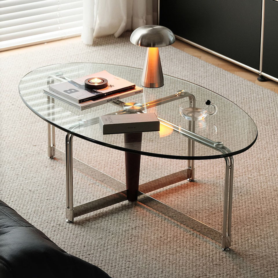 Korean Stainless Steel Oval Simple Glass Coffee Table