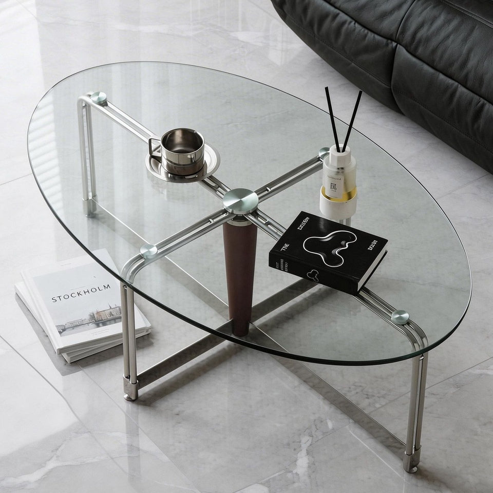 Korean Stainless Steel Oval Simple Glass Coffee Table