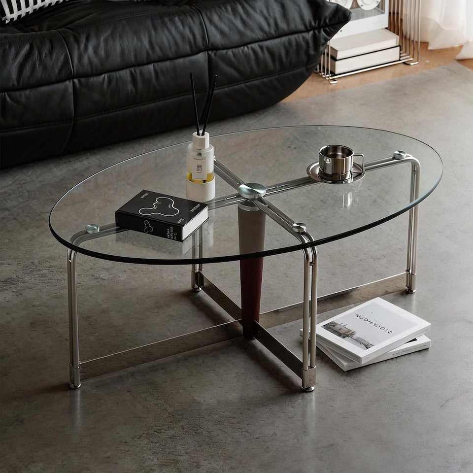 Korean Stainless Steel Oval Simple Glass Coffee Table
